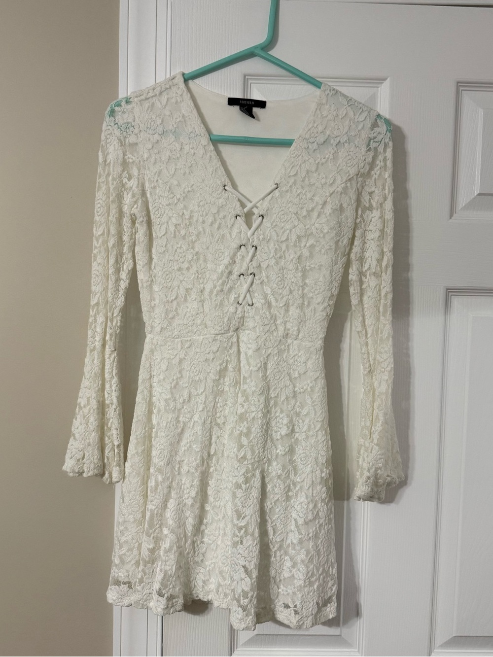Forever 21 White Lace Long Sleeve Lace-Up Fit & Flare Dress